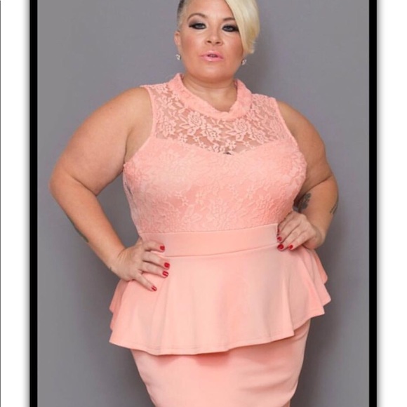 Plus Size Peach Peplum Dress - Picture 3 of 4